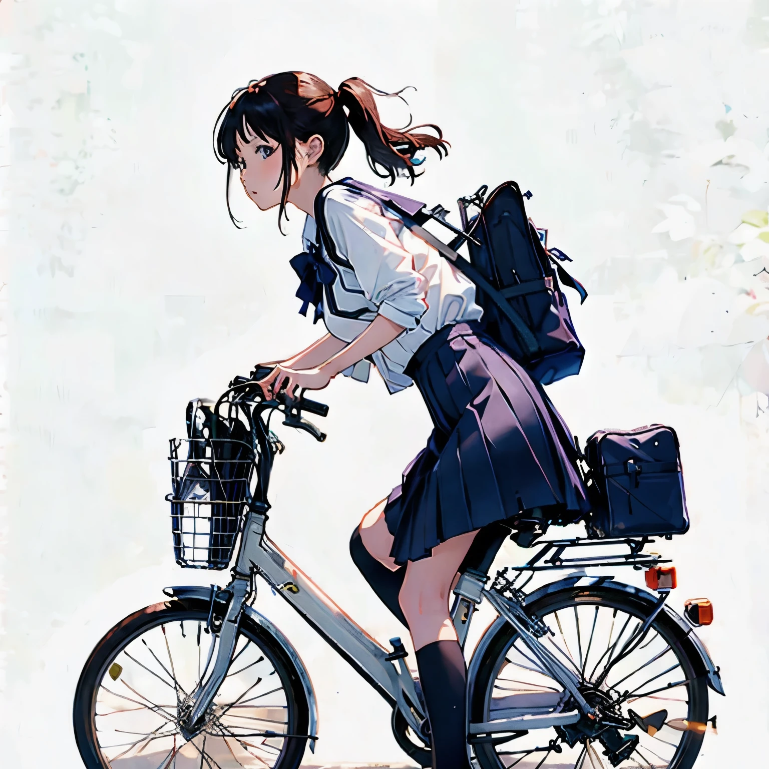 (masterpiece, highest quality:1.2), Reality、One girl riding a bicycle, alone、high school girl、uniform、From the side、Blank background、White background、Watercolor style、