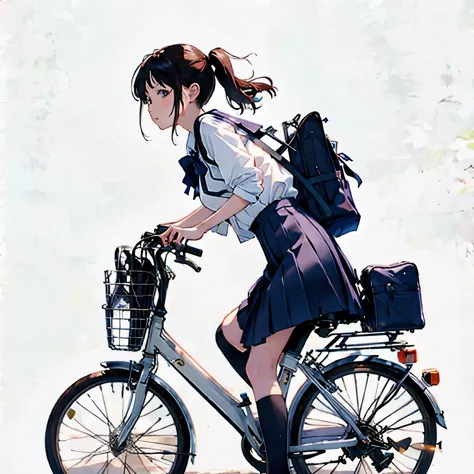 (masterpiece, highest quality:1.2), Reality、One girl riding a bicycle, alone、high school girl、uniform、From the side、Blank backgr...
