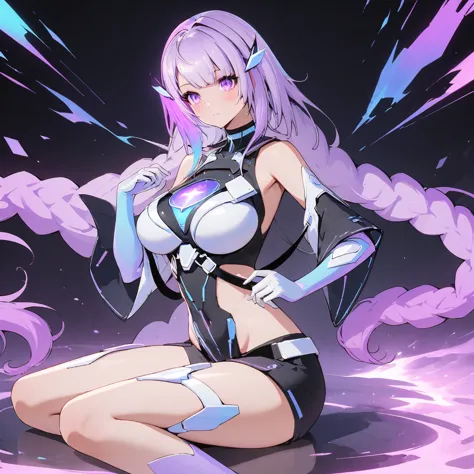 holography, draw in neon colors:1 girl,cyber girl,cyber girlの衣装詳細,sit,purple_hair,purple_eye,, beautiful, (very 長さ 編み込み light pu...