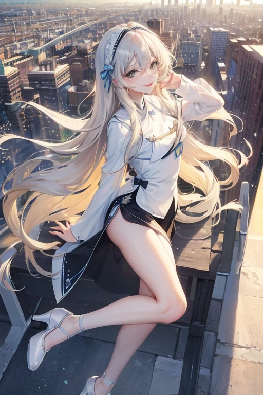 Official Art, masterpiece, Clear focus, (beautiful, Beautiful and cute Korean woman:1.3), (Beautiful and cute Korean:1.3), Korean beauty, Exquisite beautiful hair、Eyes and face, current, Super detailed, beautiful girl, Blue sky, Glowing white particles, (Side Light:1.2), Sunlight, White Cloud, Detailed clouds, Slim, Such a cute big ass, Smile with teeth bared, ((Smile with your eyes, Open your eyes)), landscape, Long straight hair, sexy facial expression, architecture, (city View:1.7), Dynamic Hair, very Long straight hair, Delicate platinum-blonde hair, Green Eyes, Black skirt, , Pale skin, Hair accessories, epic landscape,，White high heels，Nice ass，beautiful buttocks，There&#39;s nothing under the skirt.，weight loss