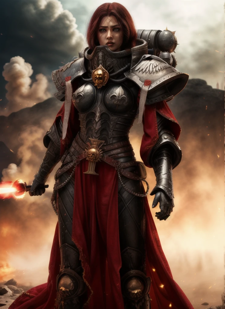 high quality photo of standing whsororitas with sword in hands whsororitas, znd long wavy hair long curly hair, flaming city ruins in background, dust and smoke, atmospheric lighting, white paper scrolls with text, red wax seals, saturated colors, Charlise Terion face, star trek cinematic,warhammer 40k, beautiful face, detailed face, whrepentia with sword
