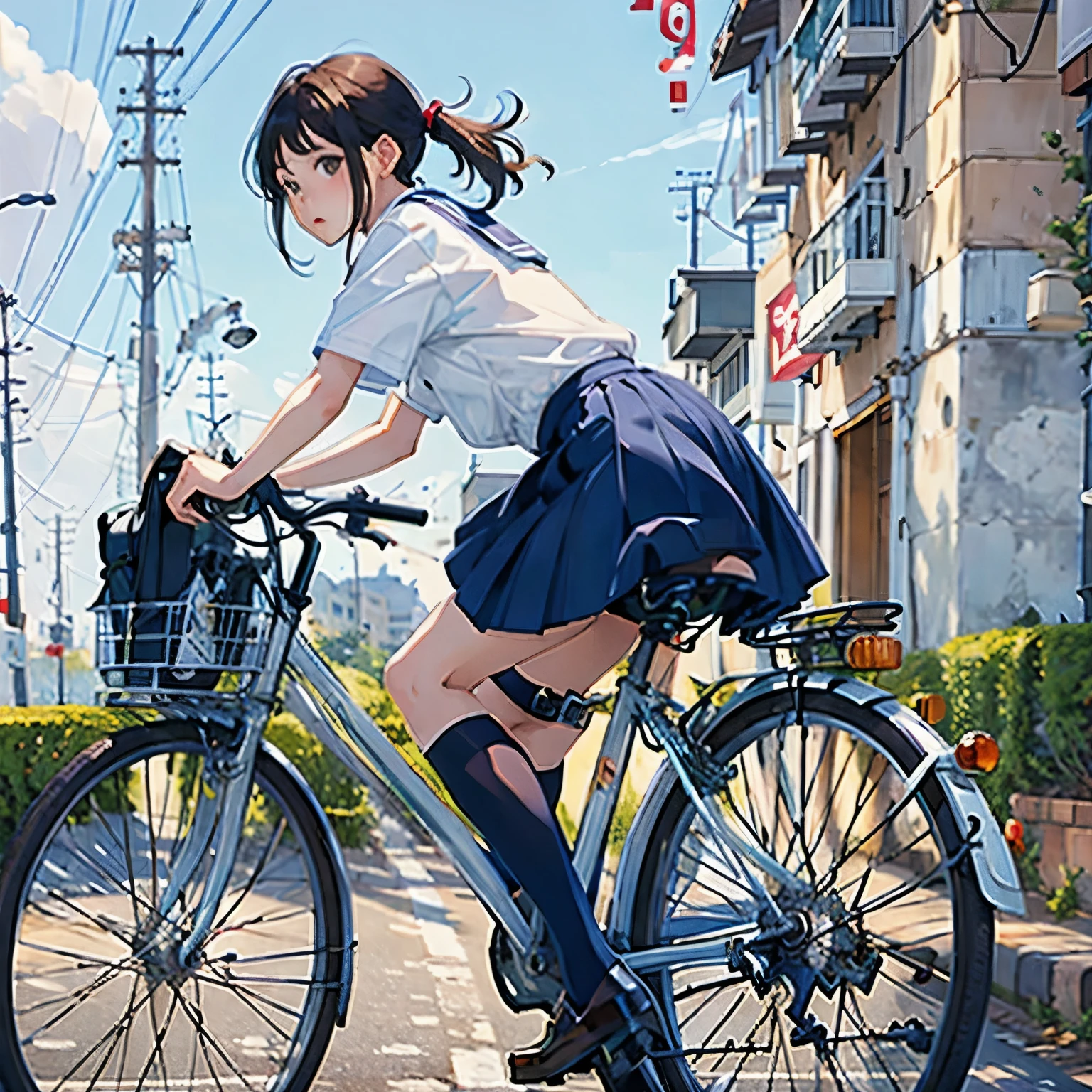 (masterpiece, highest quality:1.2), Reality、One girl riding a bicycle, alone、high school girl、uniform、From the side、Blank background、White background、Watercolor style、