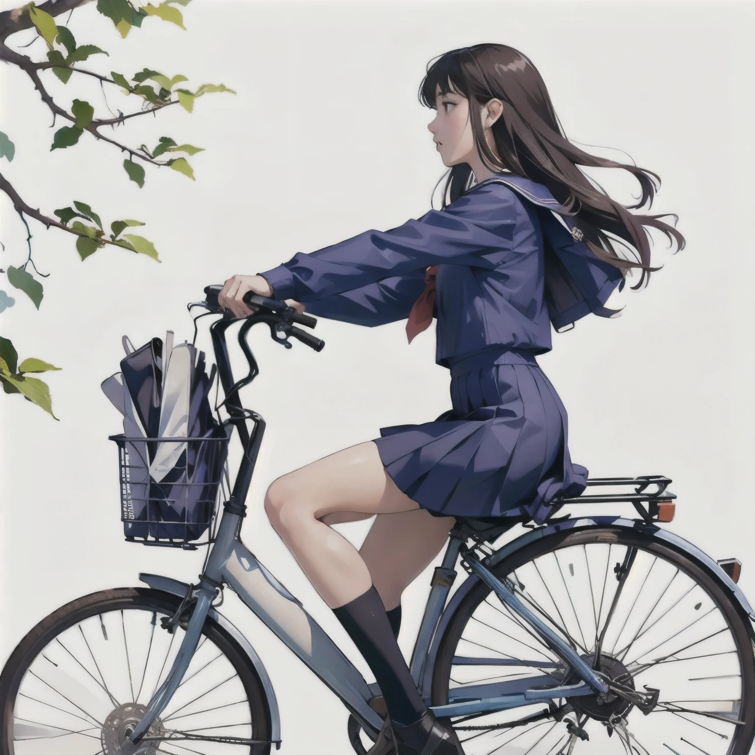 (masterpiece, highest quality:1.2), Reality、One girl riding a bicycle, alone、high school girl、uniform、From the side、Blank background、White background、Watercolor style、