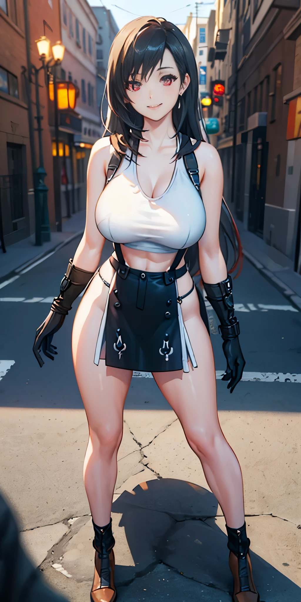 (8k, best quality, masterpiece:1.2), (realistic, photo-realistic:1.37), (full body), 1female solo girl, standing, legs apart, (wide stance) standing contrapposto, ultra-detailed, 1 girl,cute, solo, (tifa lockhart), (large breasts:1.5), (beautiful detailed eyes), (smile:1.2), (closed mouth), sharp focus, depth of field, good composition, Final Fantasy VII, very long straight hair, hair bang, ((red_eyes)), intricate, bokeh, (Tetsuya Nomura style), perfect breasts, white tank top, black thong, suspenders, gloves, stockings, toned body, athletic, wide hips, thin waist, toned arms, exposed abdomen, view from behind