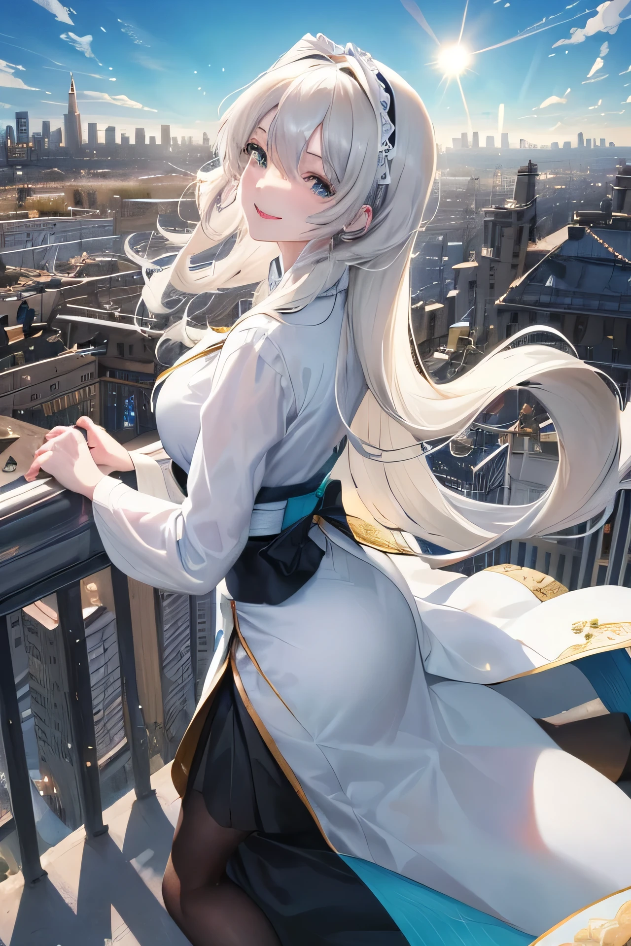 Official Art, masterpiece, Clear focus, (beautiful, Beautiful and cute Korean woman:1.3), (Beautiful and cute Korean:1.3), Korean beauty, Exquisite beautiful hair、Eyes and face, actual, Super detailed, beautiful girl, Blue sky, Glowing white particles, (Side Light:1.2), Sunlight, White Cloud, Detailed clouds, Slim, Such a cute big ass, Smile with teeth bared, ((Smile with your eyes, Open your eyes)), landscape, Long straight hair, sexy facial expression, architecture, (city View:1.7), Dynamic Hair, very Long straight hair, Delicate platinum-blonde hair, Green Eyes, Black skirt, , Pale skin, Hair accessories, epic landscape,，White high heels，Nice ass，beautiful buttocks，There&#39;s nothing under the skirt.，weight loss
