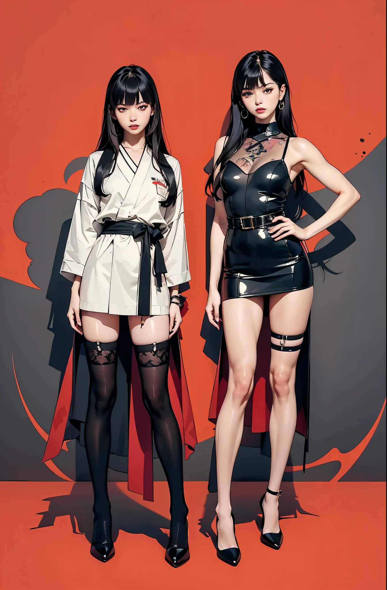 ((masterpiece, high quality, best quality, 8k, wallpaper, detailed, realistic)), 2girls, korean popstar, thighhighs, high heels, long legs, black hair, pretty hands, fringe, full body, samurai sword, (multiple girls:1.4), simple red background, palm trees,  (graffiti wall:1.2), muscular, strong, courageous 