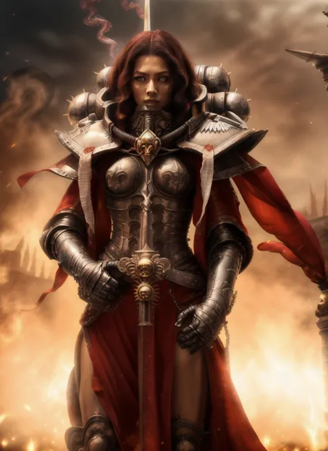 high quality photo of standing whsororitas with sword in hands whsororitas, znd long wavy hair long curly hair, flaming city rui...