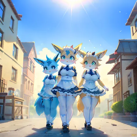 3 girls, rooftops, full face blush, looking at user,  any outfit, 3 girls, Eevee, massive breasts, massive butt, massive hips, u...