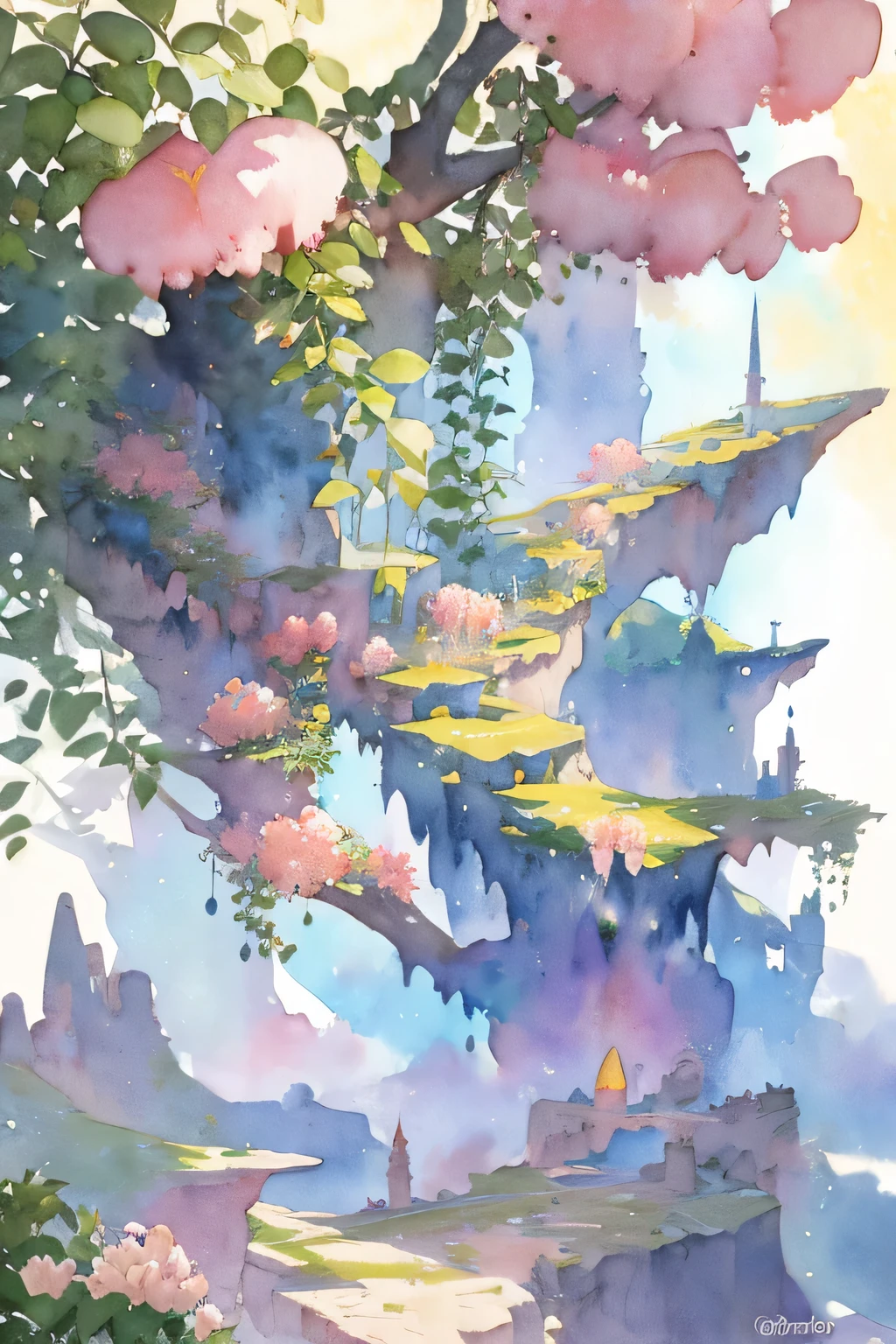 masterpiece, best quality, Watercolor Fantasy wild worlds, strange plants and flowers, flying creatures, colorful landscapes, watercolor scenery,