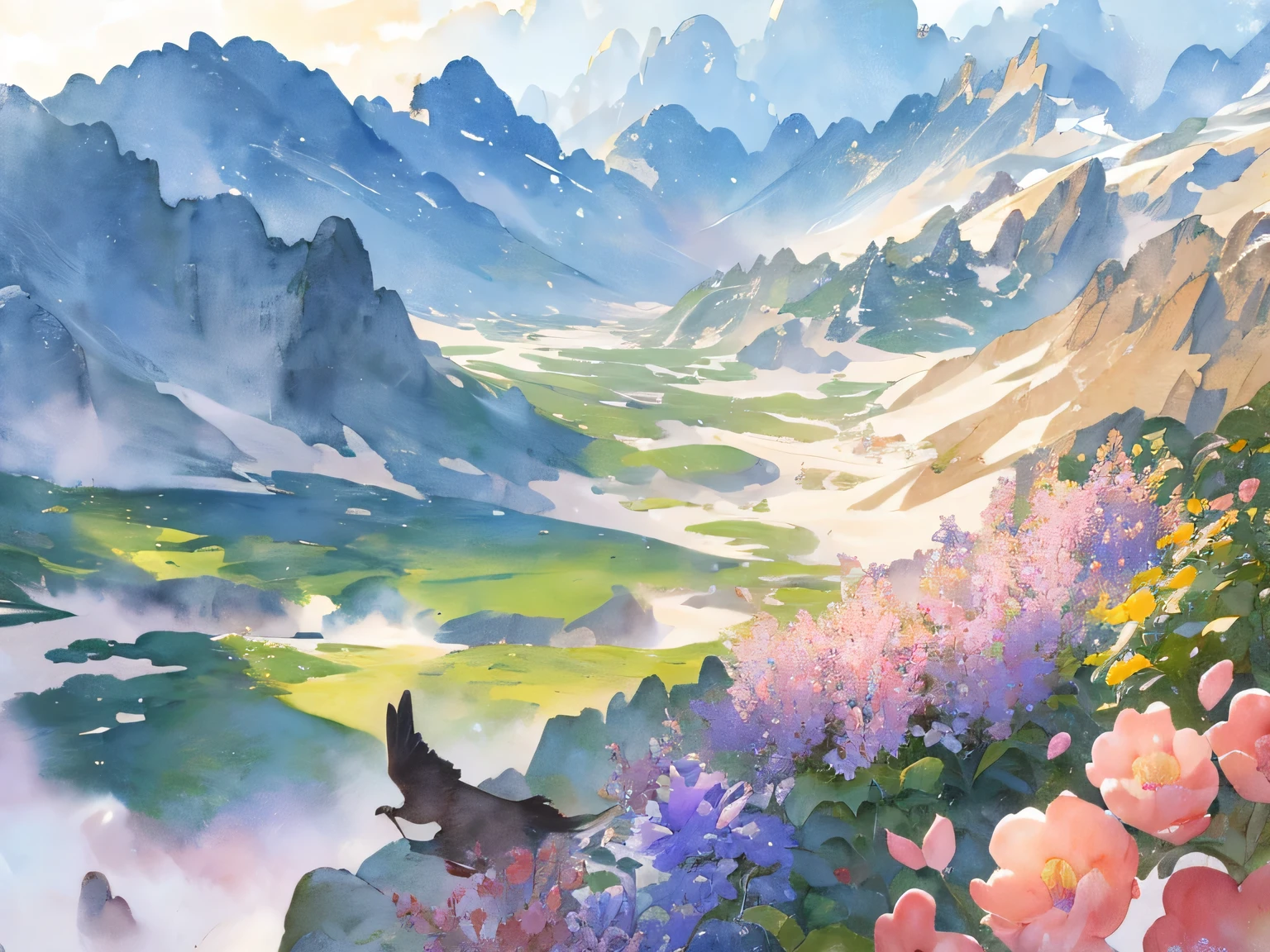 masterpiece, best quality, Watercolor Fantasy wild worlds, strange plants and flowers, flying animals, colorful landscapes, watercolor scenery,