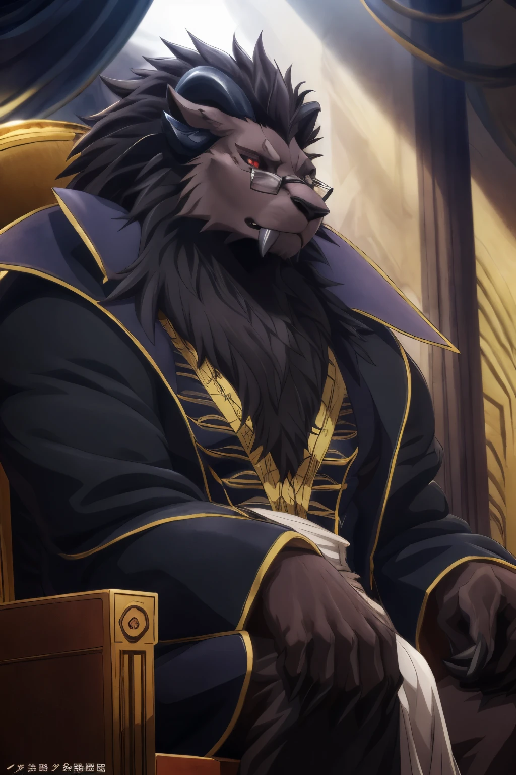 (highest quality, 32K High resolution:1.2, Very detailed, Realistic, photoRealistic, masterpiece,) Official Art, The Sacrificed Princess and the King of Beasts, Full Body View, Looking at the audience, male, good looking, Majestic Beast, Dark sienna brown fur, Black Mane, Majestic King, King Leonhard, Muscular body, Crimson Eyes, Serious look , Small ears, Curved black horns, Long upper jaw crab teeth, Wearing royal robes, Niehime kemono ou, (detailed Realistic image:1.3), (Fine grain, Beautiful and expressive eyes:1), (hyper Realistic fur:1.2), (Fur with attention to detail:1. ( Detailed face:1) Low Light: 1.2) masterpiece, highest quality, ultra Realistic ( 8k, 超High resolution, Beautiful light and shadow, Detailed faceの描写, highest quality, masterpiece, Ultra high definition, Official Art, Super detailed, Deep Shadow, Dynamic Shadows, High resolution, Profound, utra Fur with attention to detail, Maximum concentration, Depth of written boundary, Perfect lighting, Lightest particle quality, Super-detailed body, Cinematic, Sharp focus, Correct Anatomy, Right hand, The right move, Five fingers, Right Head, Detailed Background), (Mafia Boss、Mafia Suitafia hat、Grey suit、Black Hat、Glasses、Leonhart sitting in a chair)