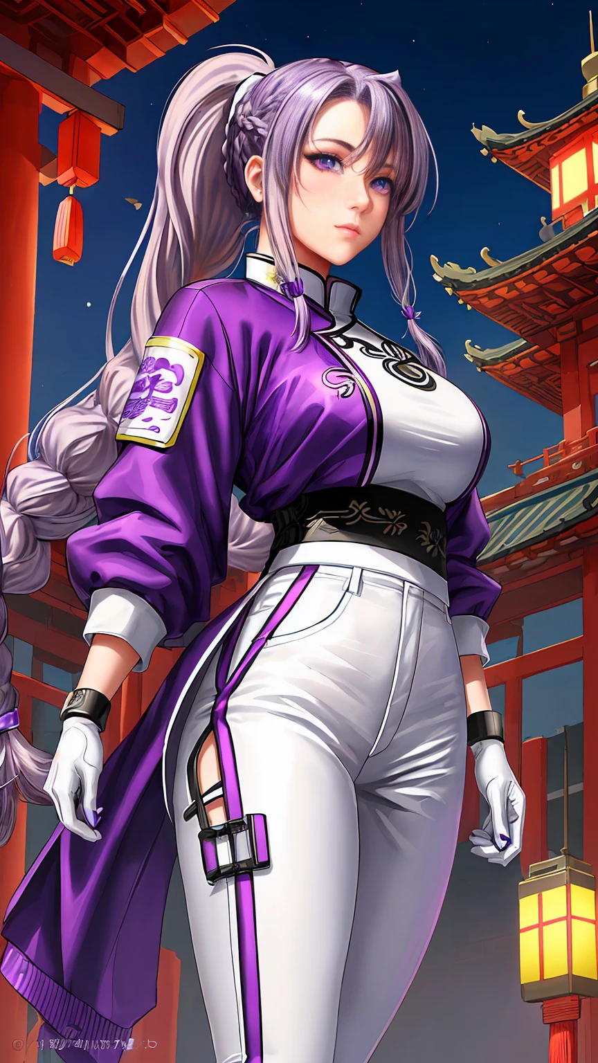 (athletic body:1.3) , Beautiful, Detailed ,1girl, portrait, official art , big breast ,wallapaper ,ART DIGITAL , HDR , 8K , vivid colours , medium brest ,(masterpiece:1.2) , purple eyes , adult teenager with((long white hair and details purple hair with a ponytail braided hair:1.3)), (wearing a purple futuristic style outfit), with white evening gloves, white long pants and purple futuristic skirt, in the beautiful new year chinese sky:1.2, with her , high quality , high details , at a night , Chinese festival in the garden of a beautiful traditional Chinese temple , lake backgroud ,beautiful detailed face , expressions ,style cyberpunk , high details , scam .