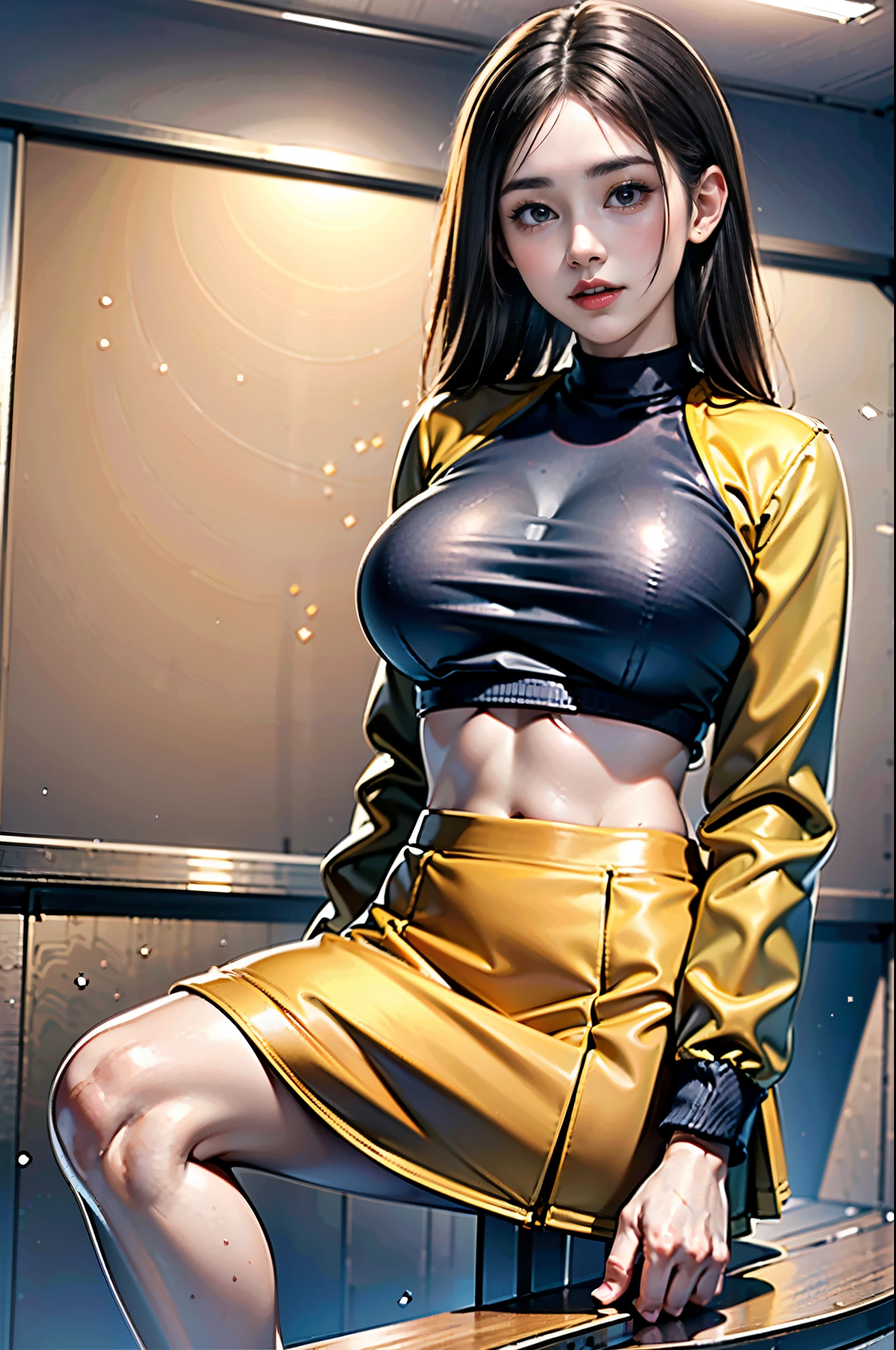 4k ultra hd, masterpiece, best quality, a girl, sports girl, happy, good face, smile, detailed eyes, detailed lips, very long hair, slim body, huge breasts, tight abs, narrow waist,orange clothes, cropped top, opened jacket, black jacket, skirt, sitting in bleachers 