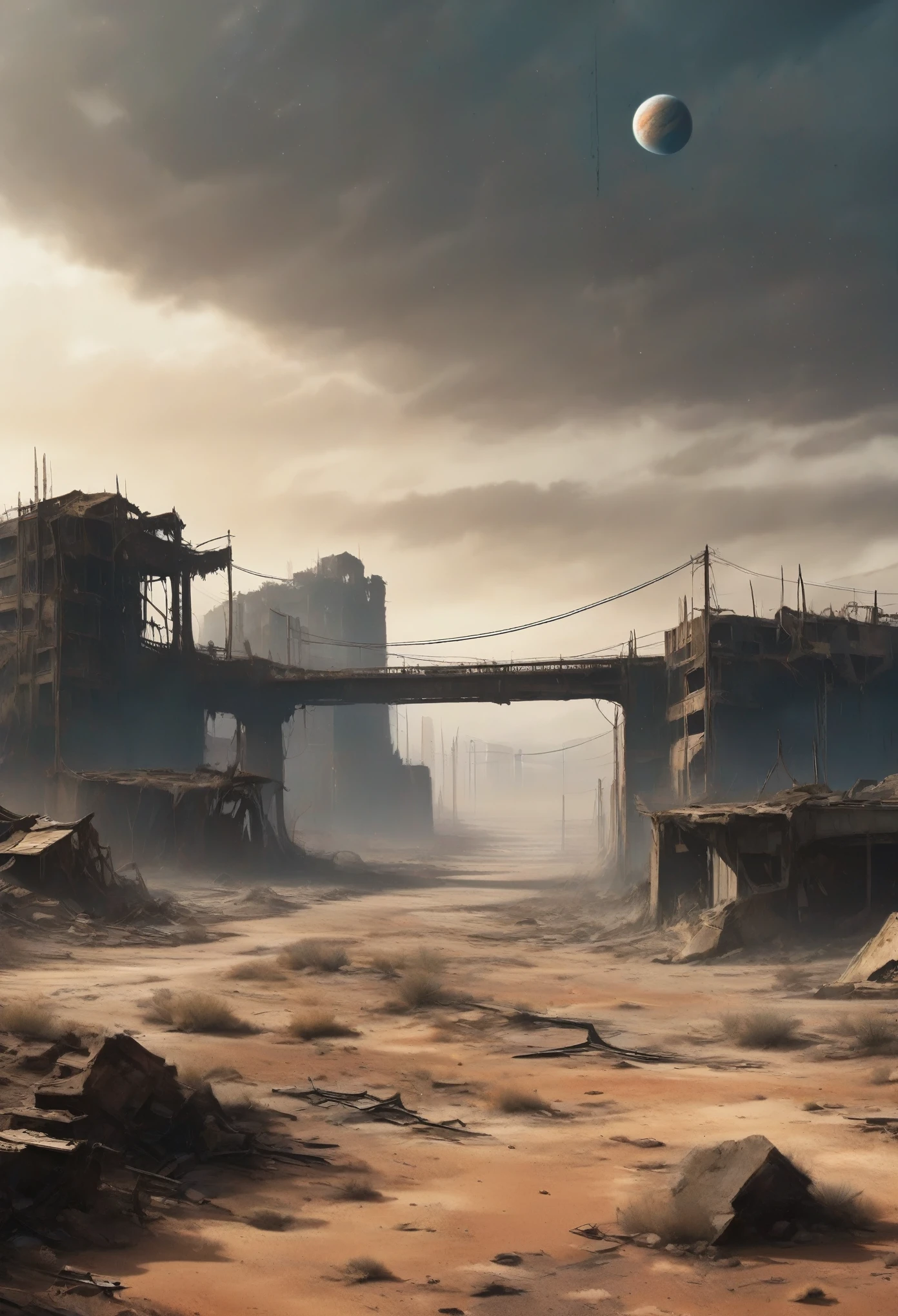 image of a top view of a deteriorated bridge winding between 2 buildings in the center of a post-apocalyptic canyon, has two planets visible in the bluish-gray atmosphere, vision of the entire dark desert, there is a reinforced concrete walkway connecting two dark buildings on the horizon, tem muitos fios de energia pendurados na ponte, high voltage wires falling from the bridge, o deserto tem canyons no horizonte, tall, curved metal buildings on the horizon everywhere, has smoky metal structures, carros abandonados nas ruas, desert megalopolis, tall buildings and collapsing to the ground, many ruined metal buildings around, sol da tarde, gray and dark sky, 2 planets visible in the dark sky between dark clouds, dark night in the sky, There are 2 visible planets in the bluish-gray atmosphere, TEM UMA GAROTA VESTIDA COM CAPUZ ANDANDO NA RUA, as realistic as possible, As detailed as possible, as realistic as possible, ultra realismo