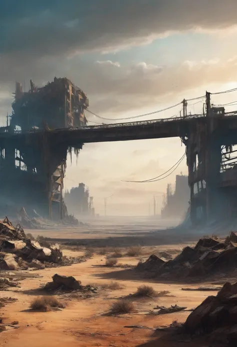 Desolate landscape view of a decayed bridge winding between 2 buildings in the center of a post-apocalyptic canyon, has 2 planet...