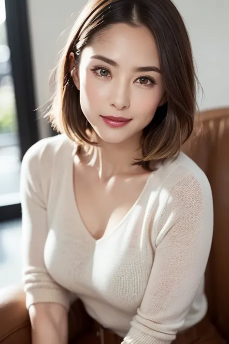 1 female, /(tight sweater/) v-neck, mature woman, /((((short hair、light brown hair、blonde hair)))) beautiful forehead, bright re...