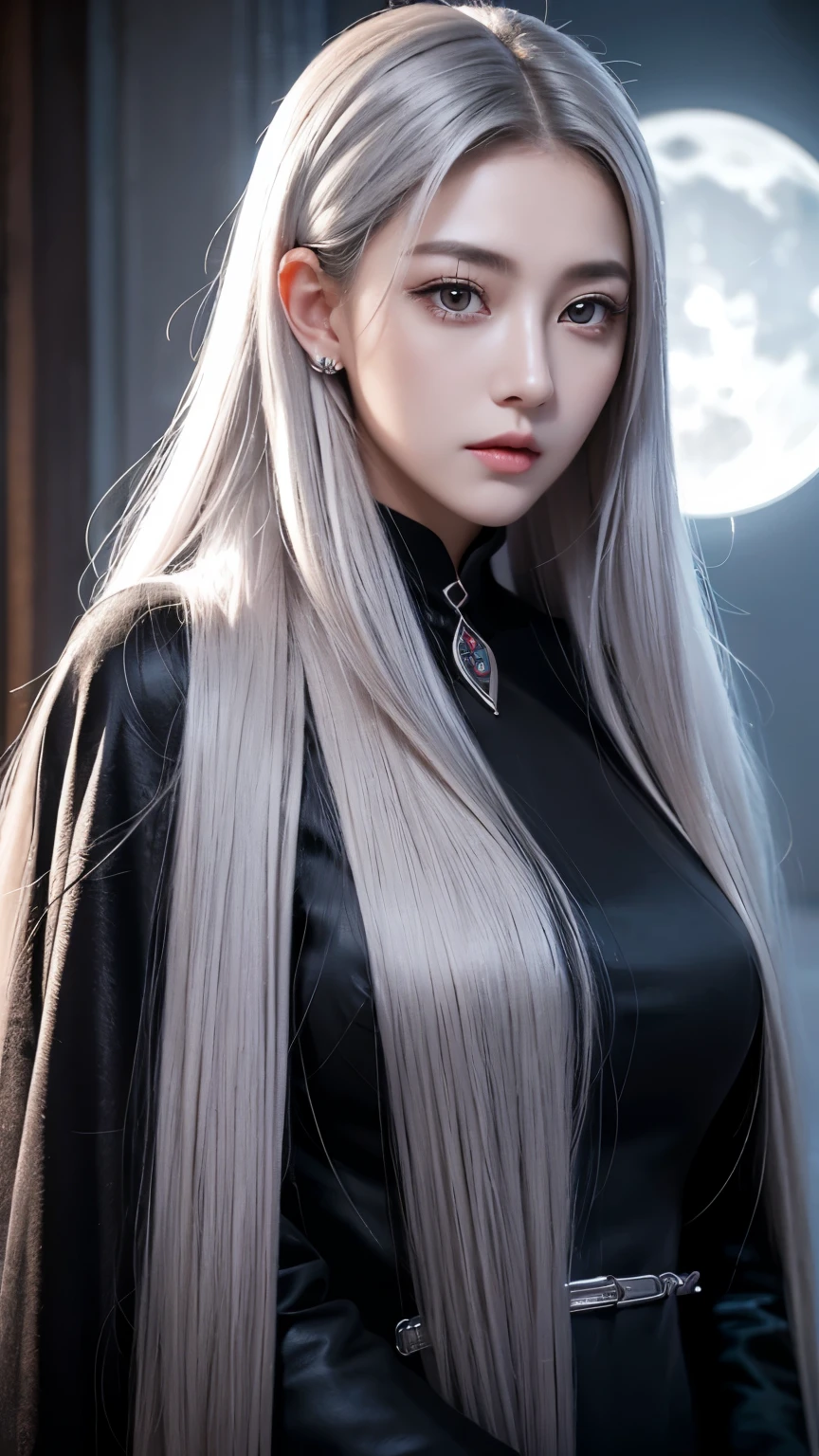 masterpiece, Amazing girl, Night Moon Full Moon, 1 female, Mature woman, elder sister, Royal elder sister, Cold Face, Poker face, woman with long silver hair, Light pink lips, calm, Intellectuals, Three-banded grey eyes, Assassin&#39;s Dagger, Flower ball background, Card Details, Finger details, Facial details, Eye details,