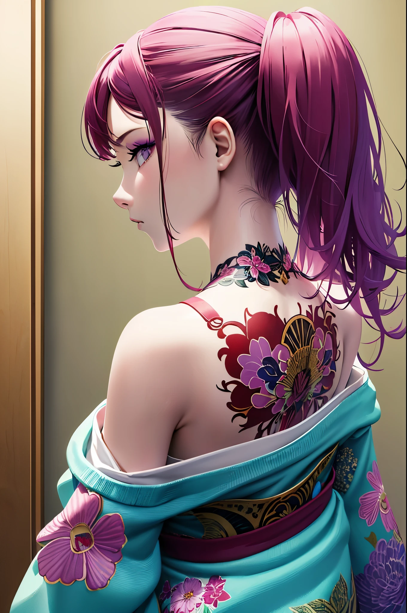 (masterpiece, top quality, best quality, official art, beautiful and aesthetic:1.2),1girl, tattoo, solo, japanese clothes,  hair ornament, unsheathing, pink hair, sheath, back tattoo, violet eyes,  off shoulder, bare shoulders, looking back, from behind, flower, looking at viewer,  holding, makeup, 
indoor,