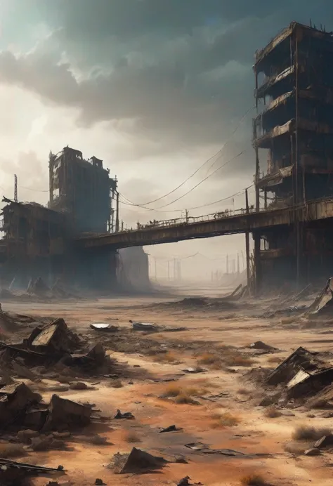 Desolate landscape view of a decayed bridge winding between 2 buildings in the center of a post-apocalyptic canyon, has 2 planet...