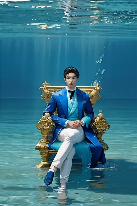 full body photorealistic handsome hunky prince of atlantis, wearing blue, aqua, cyan, teal,. sitting on an elegant throne, water...