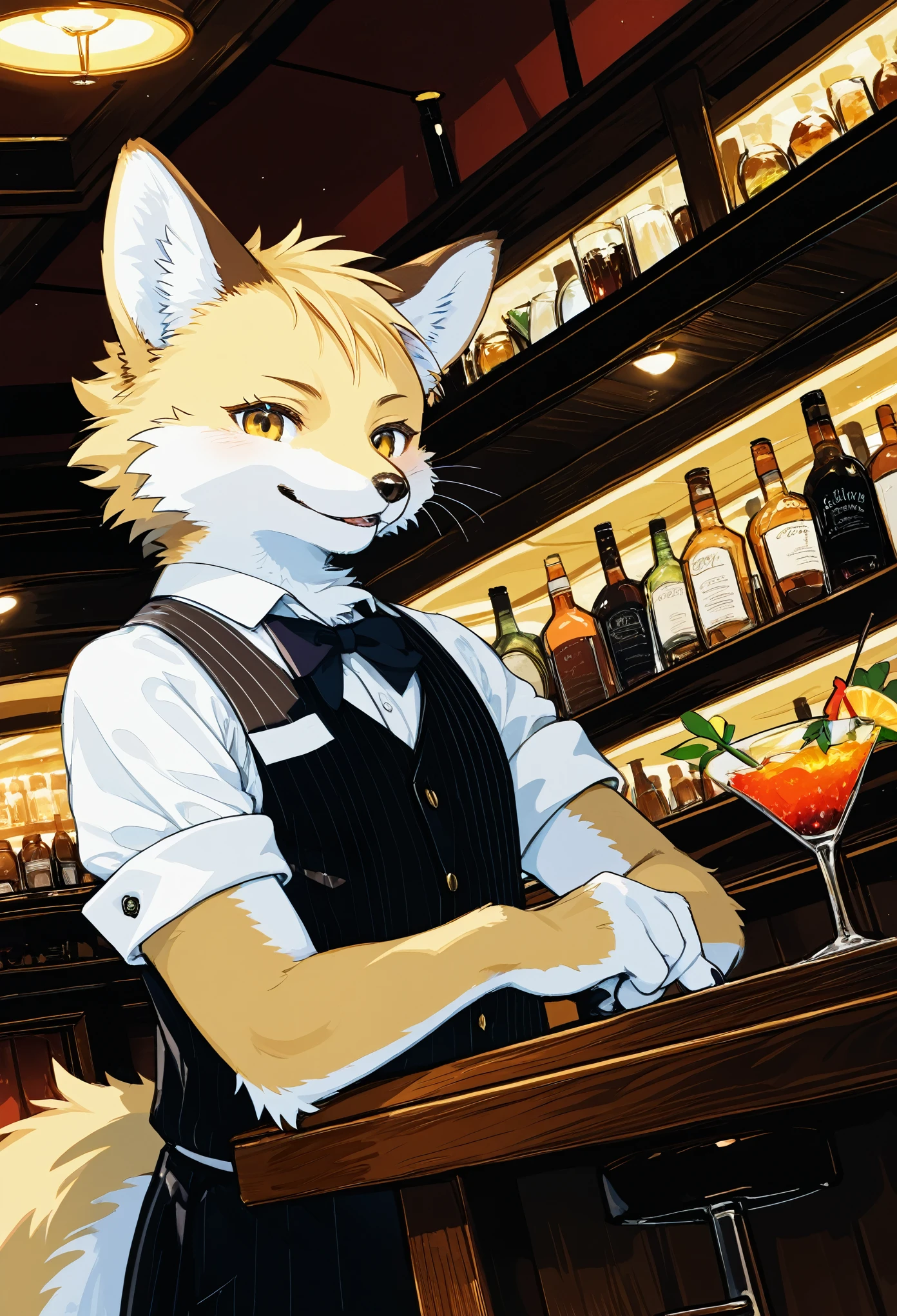 top quality, best quality, High-quality illustrations, masterpiece, super high resolution, detailed background, bartender, bar, cocktail, absurdres, perfect anatomy, expression, good lighting, cinematic shadow(kemono, furry anthro)dynamic angle,