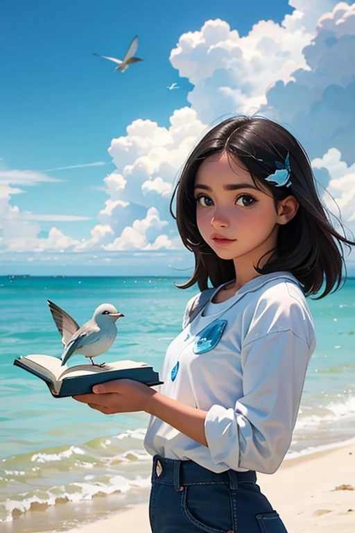 work of art, best qualityer, 1 girl, bird, seagull, sky, nube, polka_point, cerulean_sky, standing alone, nubey_sky, error, borboleta, giorno, blush, flock, plein-air, Abigail