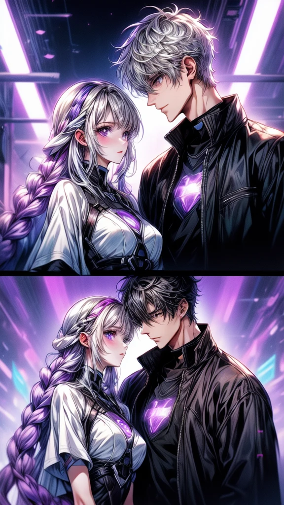 Disorganized、Man and woman couple、highest quality、Masterpiece、Official Art、16K、The best composition、The best light source、The girl has milky white hair with purple inner color, twin long braids, and black clothes in a cyberpunk style.、The man has milky white short hair and a cyberpunk look in white and light blue.、They are gazing at each other lovingly.、A kind smile、Reunion after a long time、Departure、