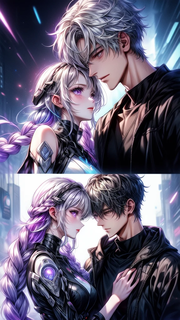 Disorganized、Man and woman couple、highest quality、Masterpiece、Official Art、16K、The best composition、The best light source、The girl has milky white hair with purple inner color, twin long braids, and black clothes in a cyberpunk style.、The man has milky white short hair and a cyberpunk look in white and light blue.、They are gazing at each other lovingly.、A kind smile、Reunion after a long time、Departure、