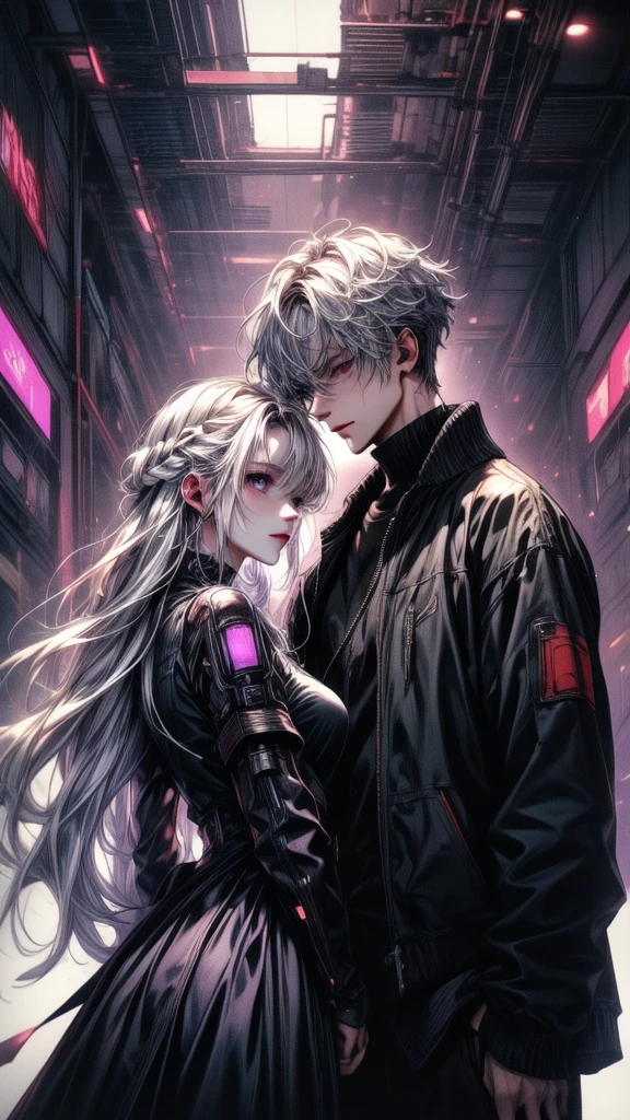 Disorganized、Man and woman couple、highest quality、Masterpiece、Official Art、16K、The best composition、The best light source、The girl has milky white hair with purple inner color, twin long braids, and black clothes in a cyberpunk style.、The man has milky white short hair and a cyberpunk look in white and light blue.、They are gazing at each other lovingly.、A kind smile、Reunion after a long time、Departure、