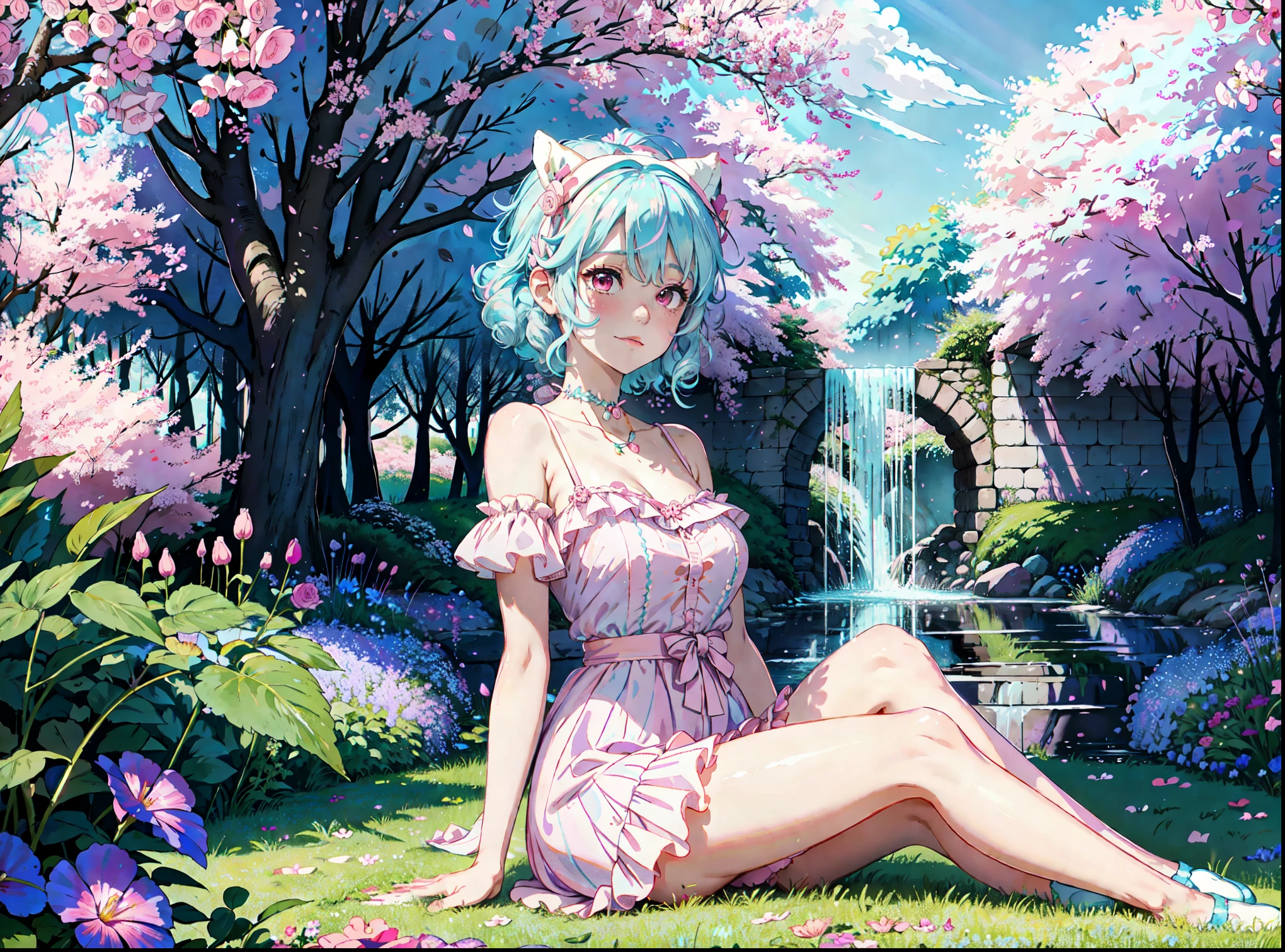 Mip, source_9 cozy glow, blue swirly hair, swirly bangs, (((pastel pink skin)))), ((blue hair with light blue strains)), orange eyes, white hair band, in a botanical Nyssa sylvatica garden arch, cascade water falls, cherry blossom tress everywhere, light pink crepuscular rays, dappled rays, pink soft evening, purple roses everywhere, pink silky frilly dress, soft innocent look, red morning glory Delphinium all around her, ultra high quality, sitting under a pink willow tree, pink willow garden