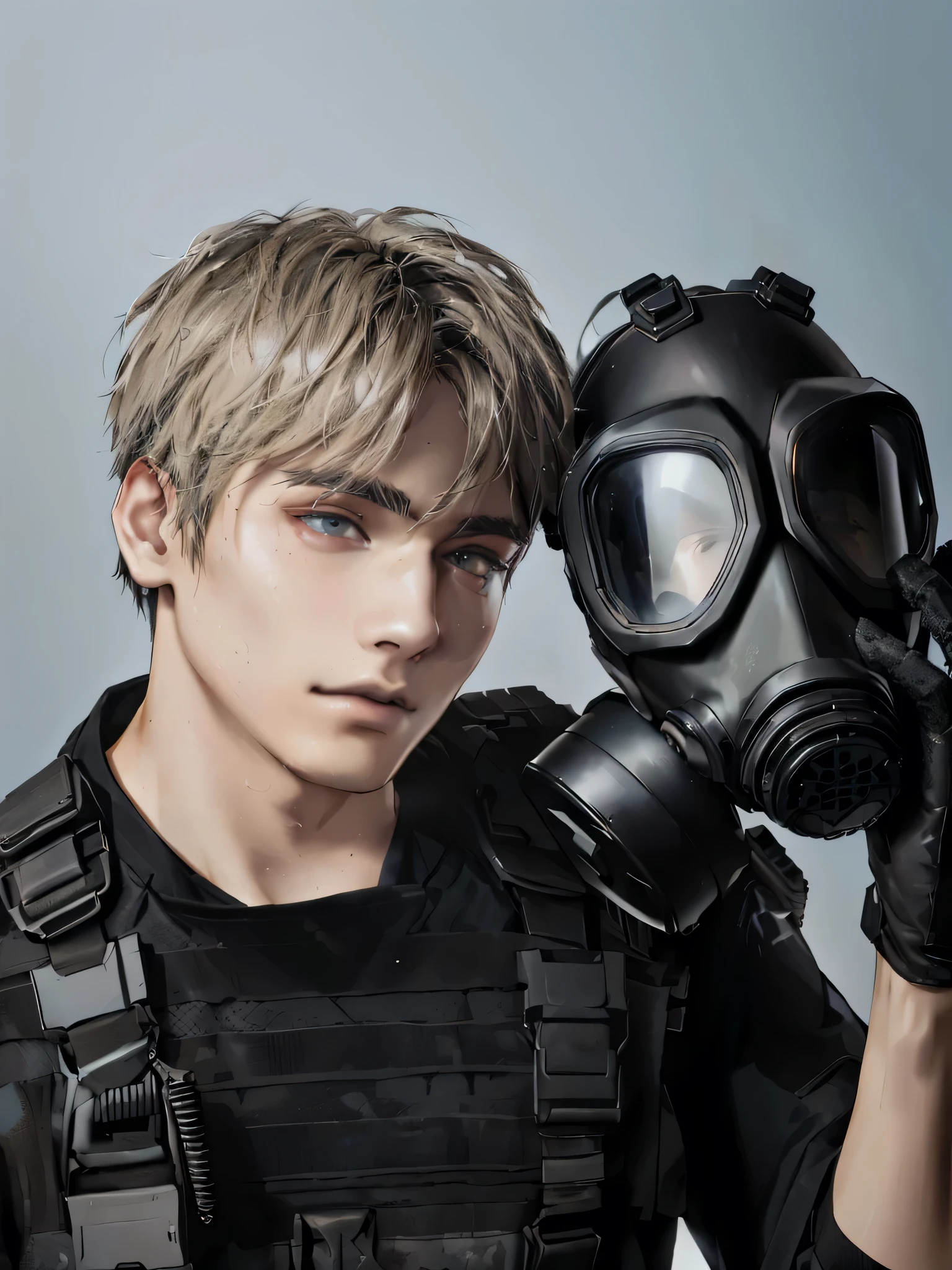 arafed man in a gas mask holding a gas mask, cai xukun, wearing an all black mempo mask, wearing space tech clothing, wearing technical clothing and armor, wearing Japanese technical clothing, wearing a gas mask, hombre surcoreano, Technological fashion, look y ropa techwear, xqc, futuristic techwear, dystopian science fiction character, primer plano retrato