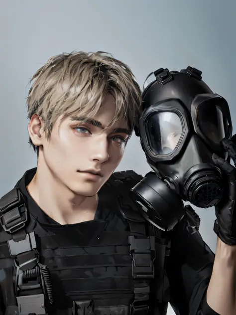 arafed man in a gas mask holding a gas mask, cai xukun, wearing an all black mempo mask, wearing space tech clothing, wearing te...