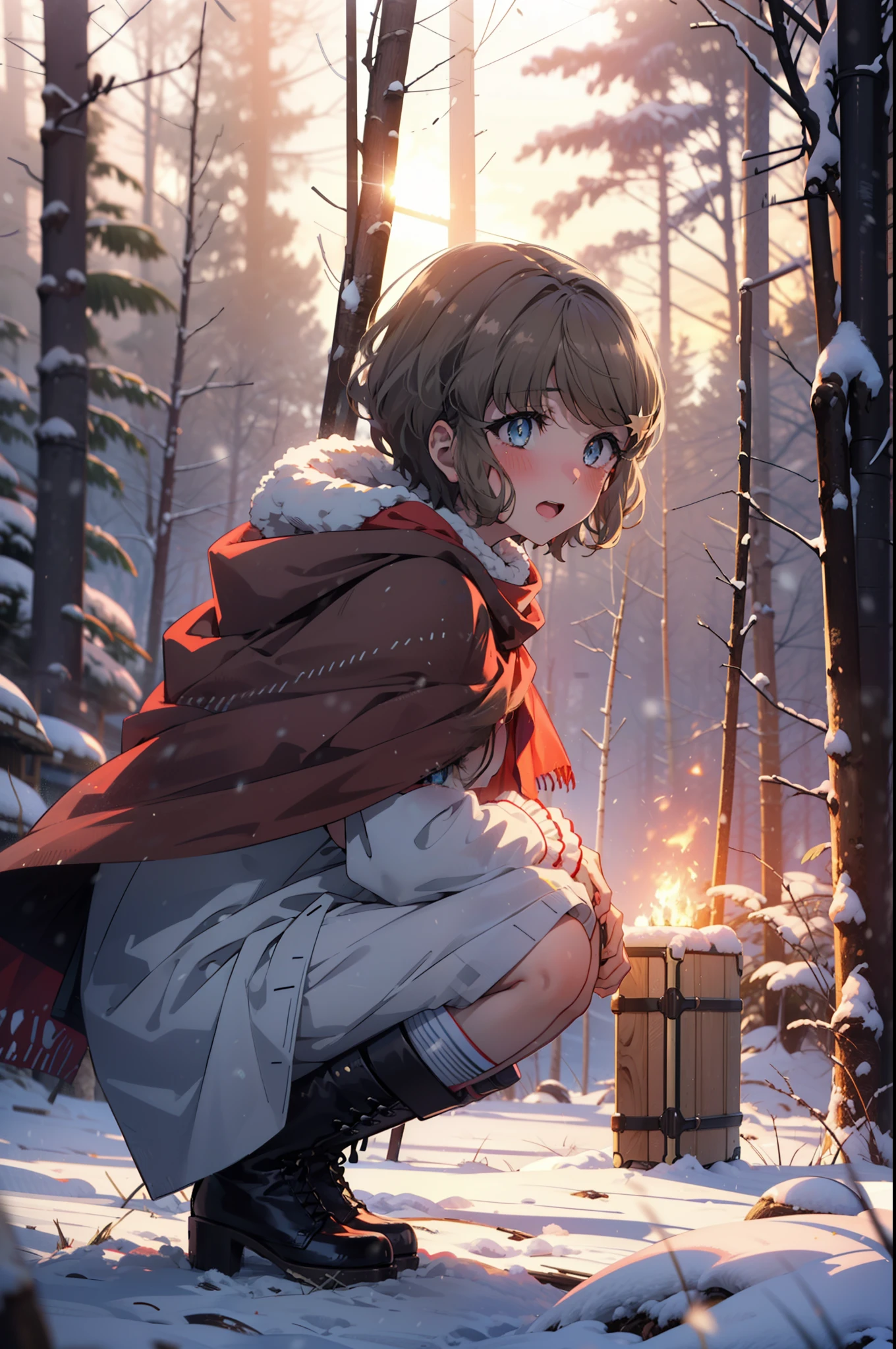 tomoekoga, Chie Koga, short hair, Brown Hair, blue eyes, hair band,smile,blush,White Breath,Mid-chest,
Open your mouth,snow,Ground bonfire, Outdoor, boots, snowing, From the side, wood, suitcase, Cape, Blurred, having meal, forest, White handbag, nature,  Squat, Mouth closed, Cape, winter, Written boundary depth, Black shoes, red Cape break looking at viewer, Upper Body, whole body, break Outdoor, forest, nature, break (masterpiece:1.2), highest quality, High resolution, unity 8k wallpaper, (shape:0.8), (Beautiful and beautiful eyes:1.6), Highly detailed face, Perfect lighting, Extremely detailed CG, (Perfect hands, Perfect Anatomy),