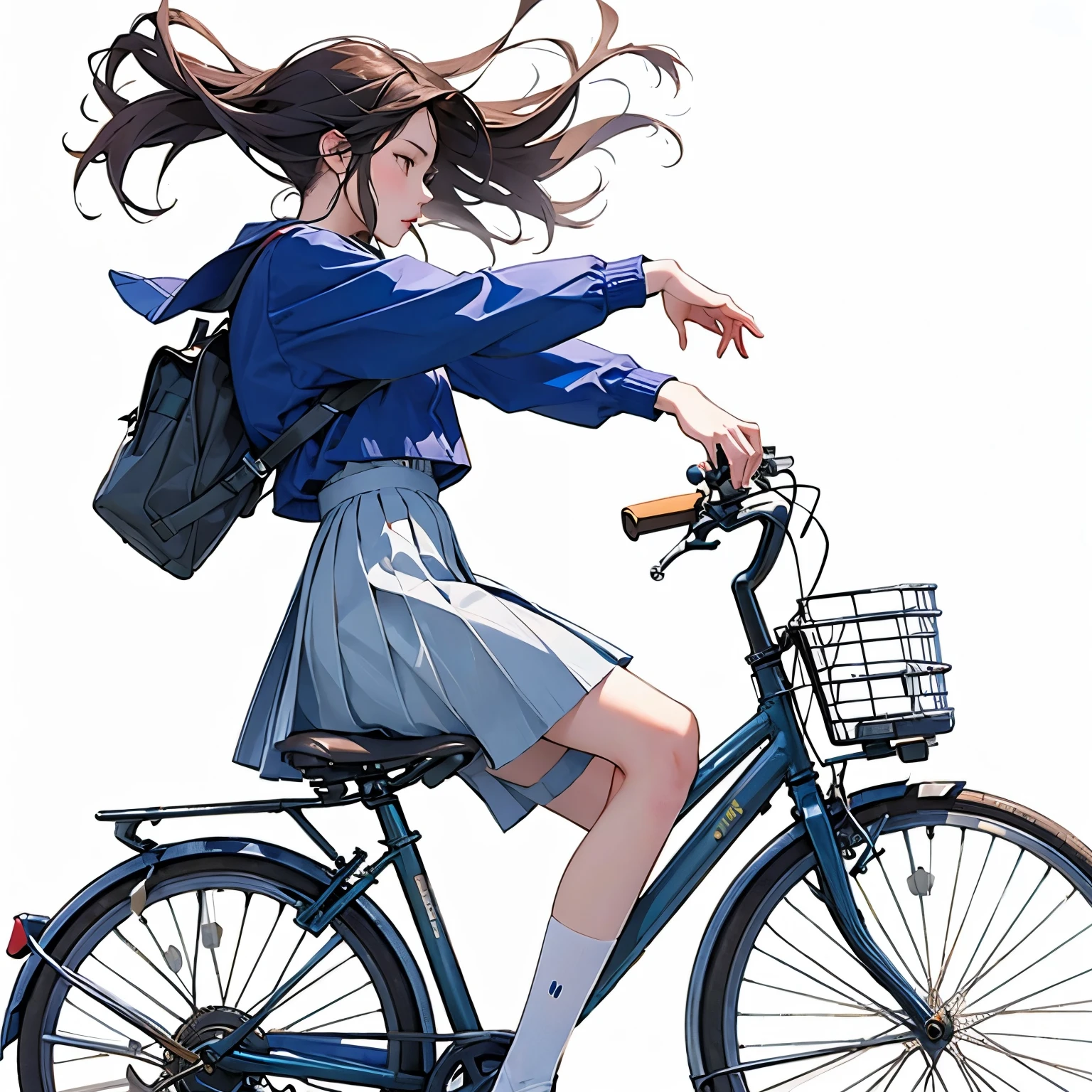 (Meisterwerk, höchste Qualität:1.2), Wirklichkeit、Ein Mädchen auf einem Fahrrad, allein、High-School-Mädchen、Uniform、von der Seite、Leerer Hintergrund、weißer Hintergrund、Aquarellstil、