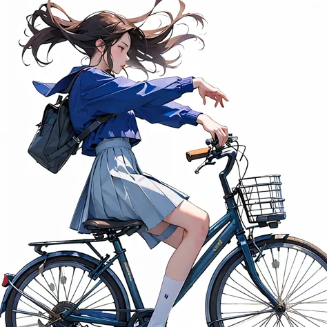 (masterpiece, highest quality:1.2), Reality、One girl riding a bicycle, alone、high school girl、uniform、From the side、Blank backgr...