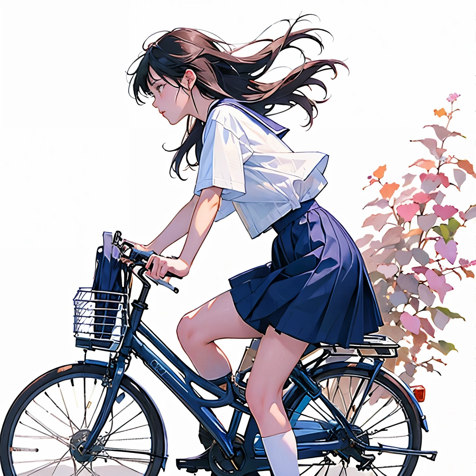 (masterpiece, highest quality:1.2), Reality、One girl riding a bicycle, alone、high school girl、uniform、From the side、Blank background、White background、Watercolor style、