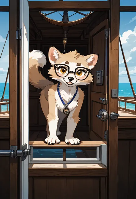 masterpiece, best quality,1girl,furry,ship,manul girl,side of door,
perfect light,glasses,animal nose,solo,detail fur
adorable,b...