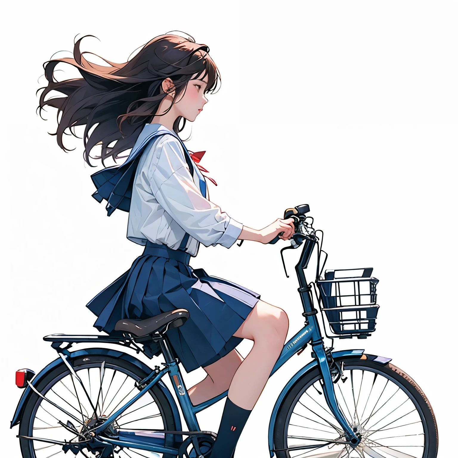 (masterpiece, highest quality:1.2), Reality、One girl riding a bicycle, alone、high school girl、uniform、From the side、Blank background、White background、Watercolor style、