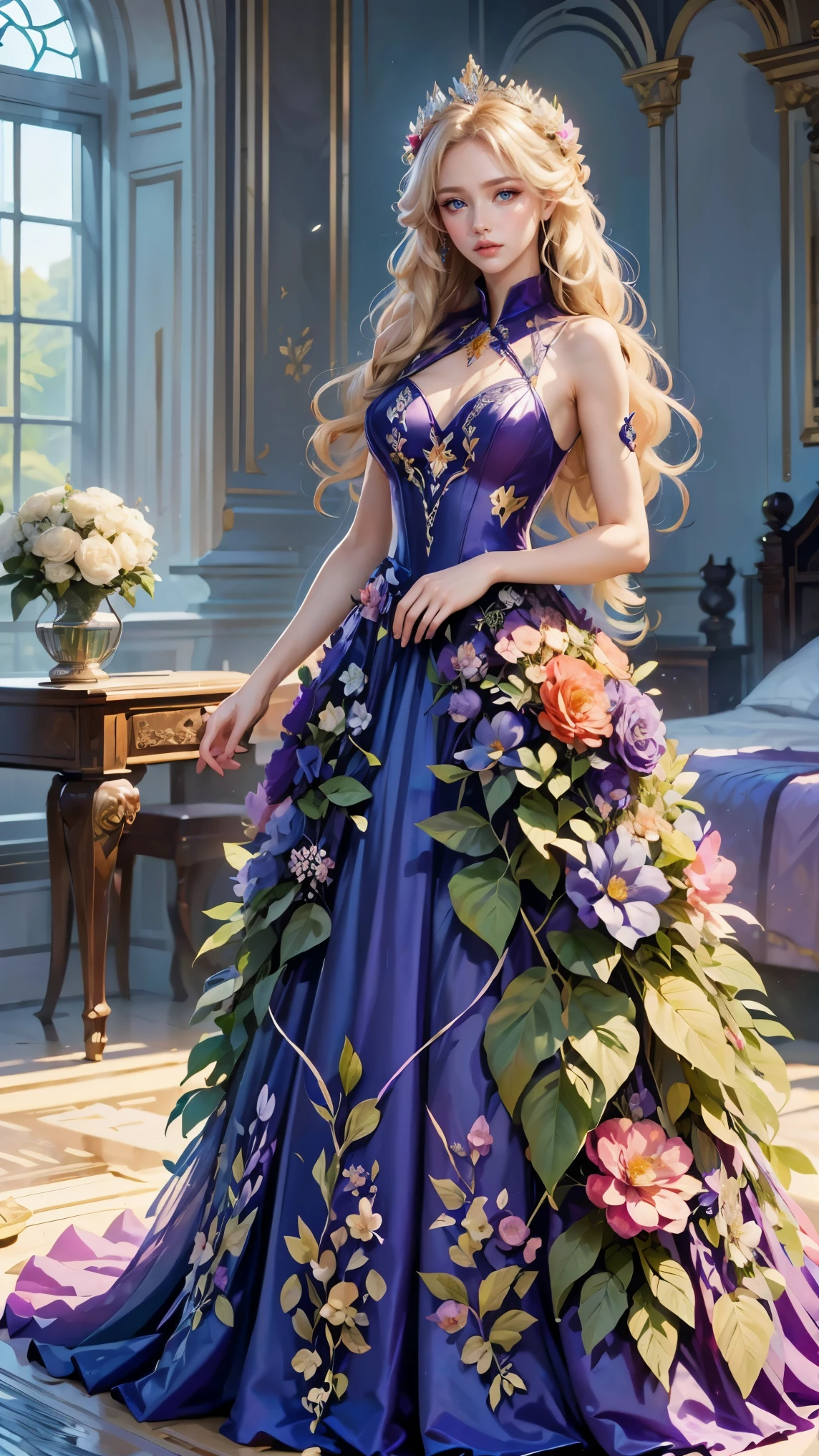 Best quality, masterpiece, ultra high res, raw photo, beautiful and aesthetic, deep shadow, fairy theme,(ultra detailed:1.3),
1girl, standing pose, flower headdress, drill hair, long hair, blonde hair, gradient hair, yellow eyes, solo, huge breasts, big hair, blue hair, divine goddess, looking at viewer, indoors, queen bedroom, empress bed, room full of curtain, astraea, full body, purple dress, flower dress, transparant dress,