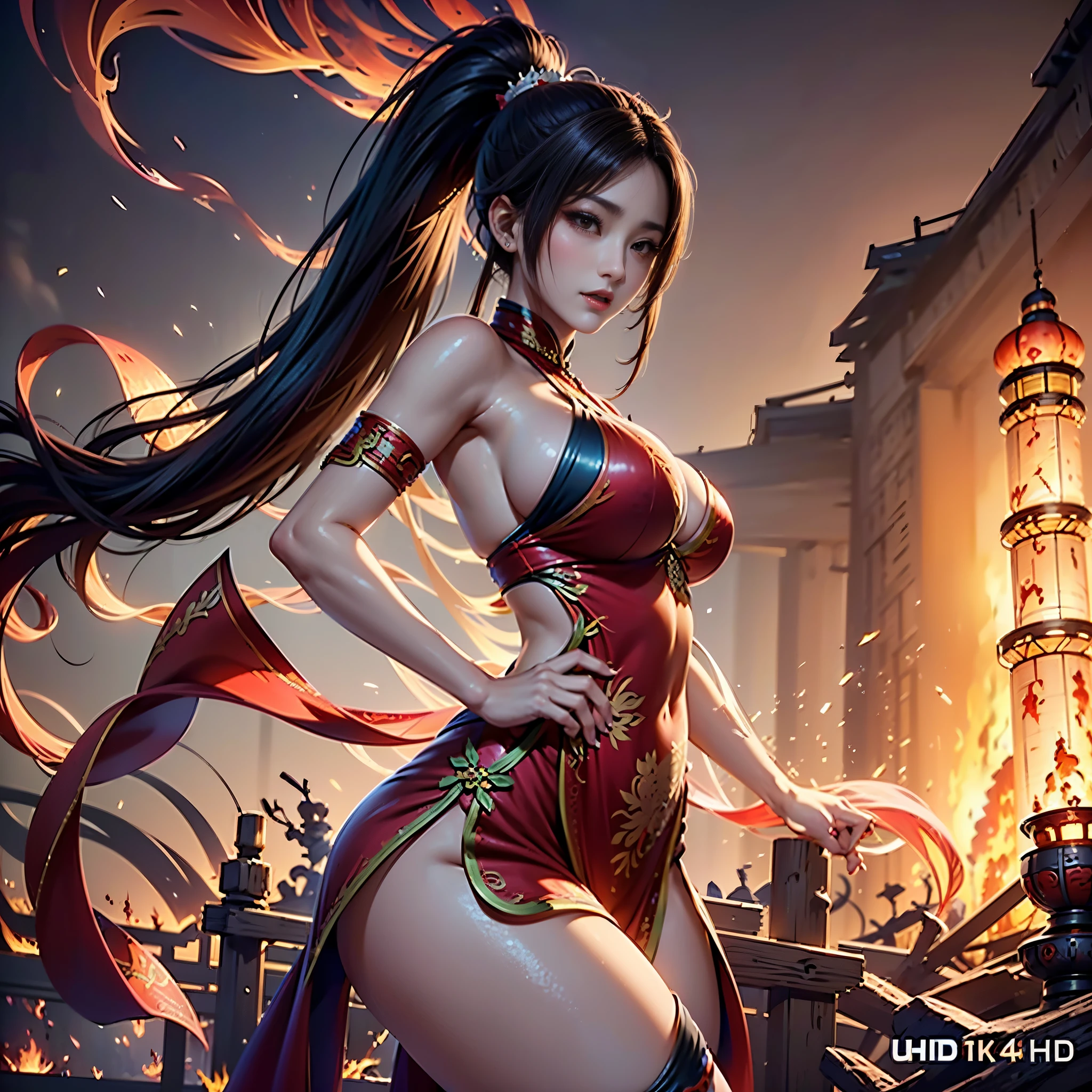 （Fotos de batalla,Primer plano de batalla,disparo dinámico），((Trabajo épico，Mai Shiranui，Antiguo campo de batalla de China，Mujer en medias rojas sexy，cuerpo entero xianxia，cola de caballo alta，disparar desde abajo，Detalles ricos de la escena，habia humo por todas partes，Hay una torre alta en la distancia.，Las llamas iluminaron el cielo rojo))，(18 años，Expresión majestuosa y seria.,pechos enormes),((anatómicamente correcto，8K, Súper detalle, Ualta definición, obra maestra, Súper detalle, Alto detalle, alta calidad, El premiado, mejor calidad, Alta resolución, 1080p, alta definición, 4k, 8K, preciso))