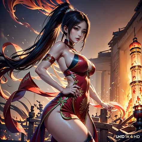 （Battle pictures,Battle close-up,Dynamic shooting），((epic work，Mai Shiranui，Ancient battlefield of China，Woman in sexy red tight...