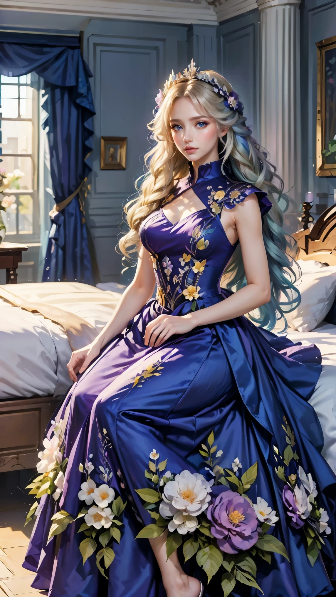 Best quality, masterpiece, ultra high res, raw photo, beautiful and aesthetic, deep shadow, fairy theme,(ultra detailed:1.3),
1girl, dynamic pose, flower headdress, drill hair, long hair, blonde hair, gradient hair, yellow eyes, solo, huge breasts, big hair, blue hair, divine goddess, looking at viewer, indoors, queen bedroom, empress bed, room full of curtain, astraea, full body, purple dress, flower dress, transparant dress,