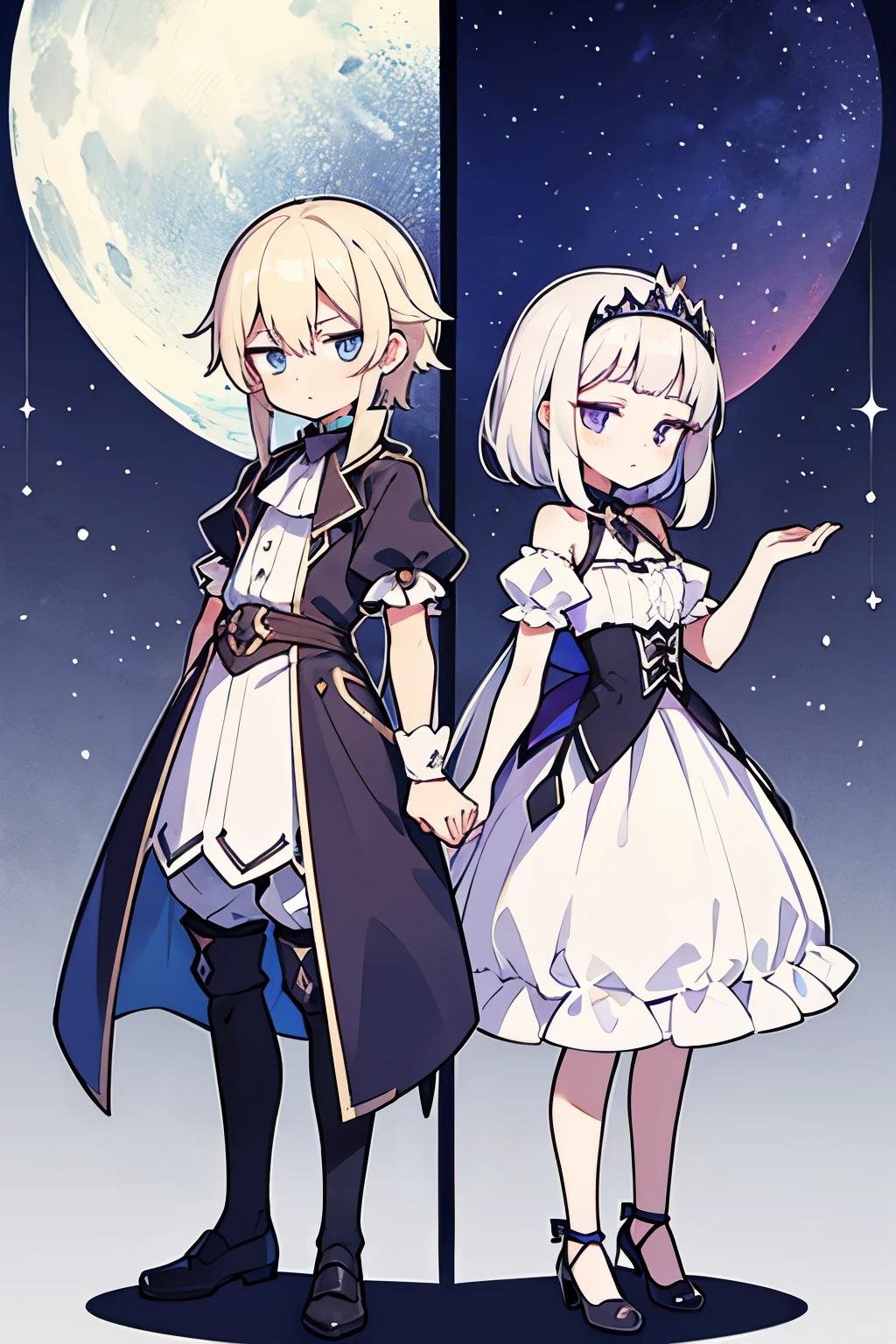 The princess has long, curly platinum blonde hair and blue eyes.,The servant boy has short silver hair and purple eyes.,A picture of these two standing side by side