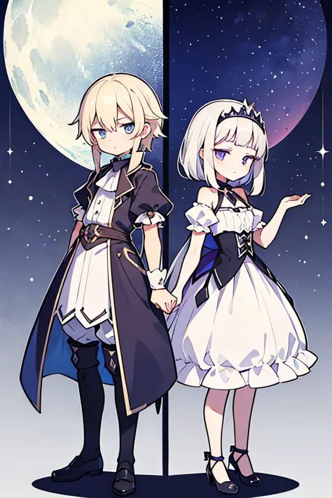 The princess has long, curly platinum blonde hair and blue eyes.,The servant boy has short silver hair and purple eyes.,A pictur...