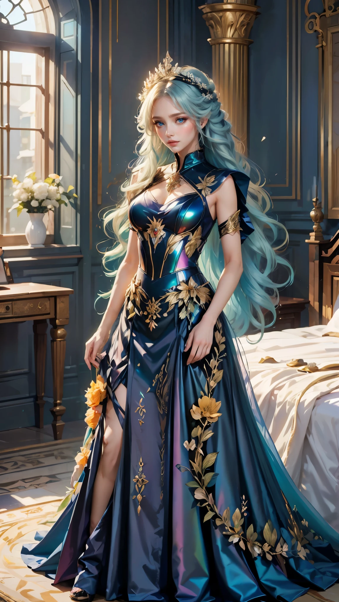 Best quality, masterpiece, ultra high res, raw photo, beautiful and aesthetic, deep shadow, fairy theme,(ultra detailed:1.3),
1girl, standing pose, flower headdress, drill hair, long hair, blonde hair, gradient hair, yellow eyes, solo, huge breasts, big hair, blue hair, divine goddess, looking at viewer, indoors, queen bedroom, empress bed, room full of curtain, astraea, full body, black dress, iridescent clothing, transparant dress,