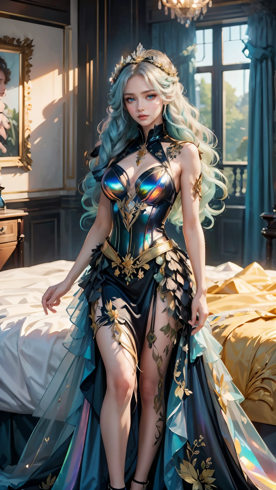 Best quality, masterpiece, ultra high res, raw photo, beautiful and aesthetic, deep shadow, fairy theme,(ultra detailed:1.3),
1girl, sexy pose, flower headdress, drill hair, long hair, blonde hair, gradient hair, yellow eyes, solo, huge breasts, big hair, blue hair, divine goddess, looking at viewer, indoors, queen bedroom, empress bed, room full of curtain, astraea, full body, black dress, iridescent clothing, transparant dress,