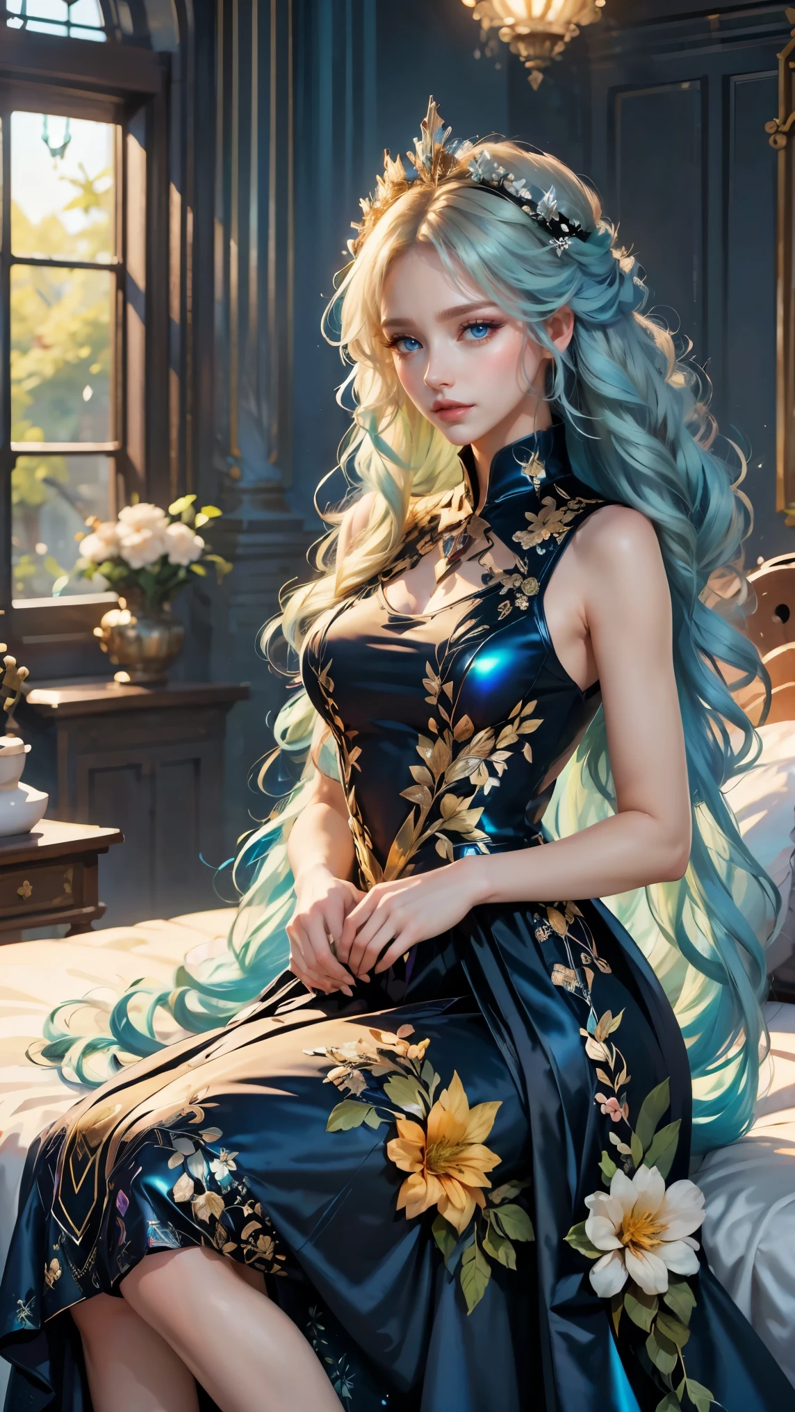 Best quality, masterpiece, ultra high res, raw photo, beautiful and aesthetic, deep shadow, fairy theme,(ultra detailed:1.3),
1girl, sitting pose, flower headdress, drill hair, long hair, blonde hair, gradient hair, yellow eyes, solo, huge breasts, big hair, blue hair, divine goddess, looking at viewer, indoors, queen bedroom, empress bed, room full of curtain, astraea, full body, black dress, iridescent clothing, transparant dress,