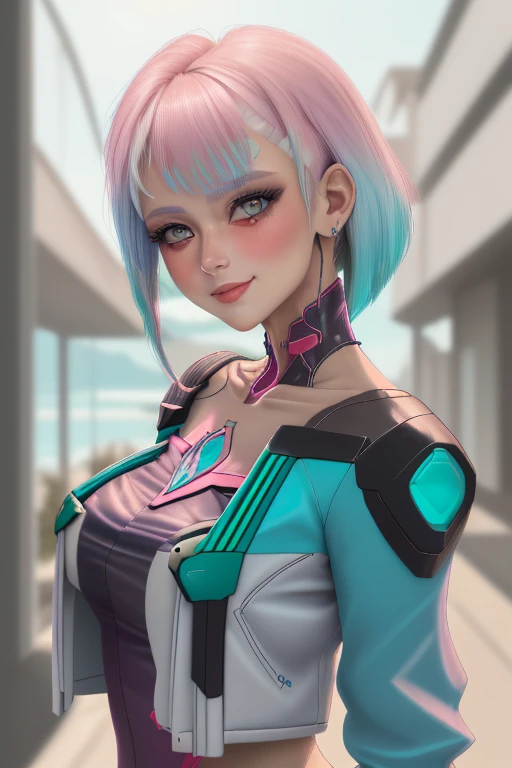 mulher feminina cyberpunk vestindo (Turquoise jacket with chromatic details:1.1), elegante body completo rosa e branco, side view turning to the camera, (Petal blush, Fundo de cor azul lagoa:1.3), amazing smile, looking at the camera, Hora dourada
