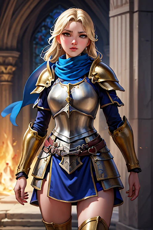 Obra de arte, absurdos, detalhe fino, HDR,highly detailed armaduras with gold plating, shiny armaduras, Fotorrealista,PLD_armaduras, a female knight in armaduras, usando PLD_armaduras, blue scarf