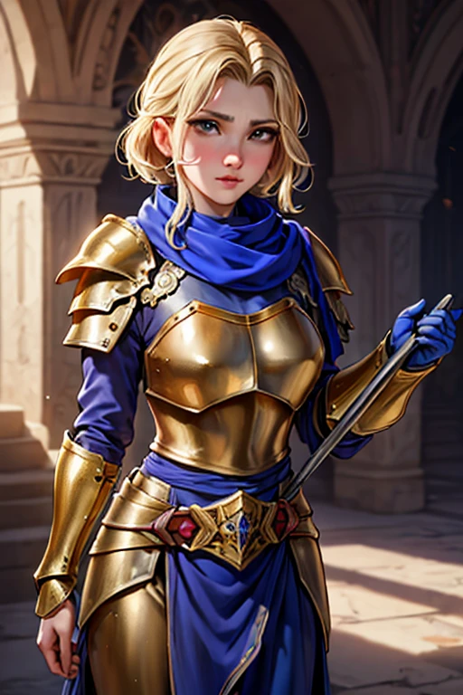 Obra de arte, absurdos, detalhe fino, HDR,highly detailed armaduras with gold plating, shiny armaduras, Fotorrealista,PLD_armaduras, a female knight in armaduras, usando PLD_armaduras, blue scarf